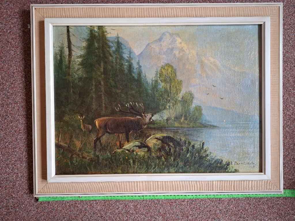 Oud schilderij met hert. Afmeting 69 cm x 53 cm, Ophalen