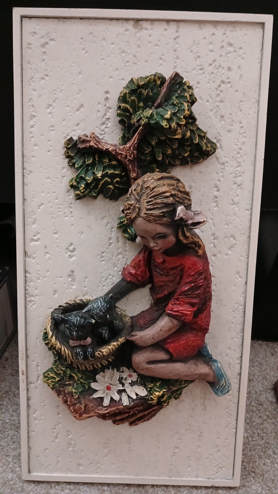 Vintage 3D Reliëf Wandpaneel Meisje met Kittens (Jaren 70 /, Ophalen of Verzenden