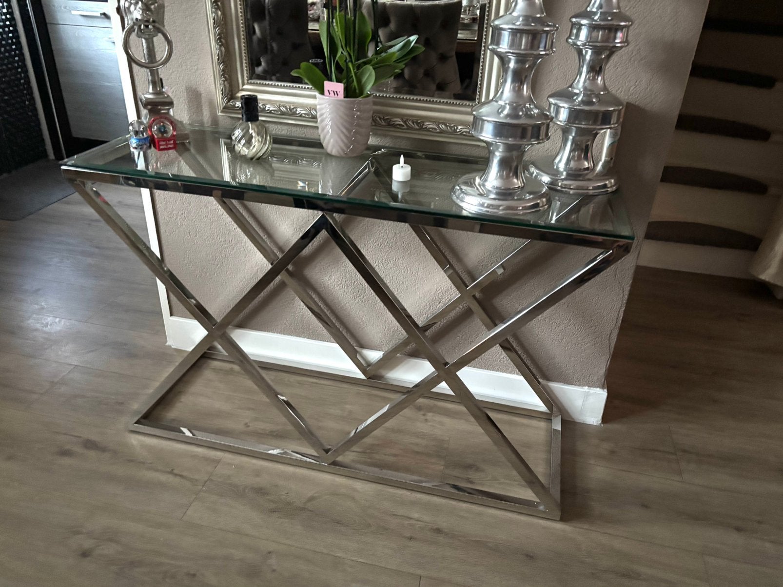 TK een zilveren + glas Sidetable  van Eric Kusters richmond, Ophalen, 100 tot 150 cm, Eric kuster, Glas