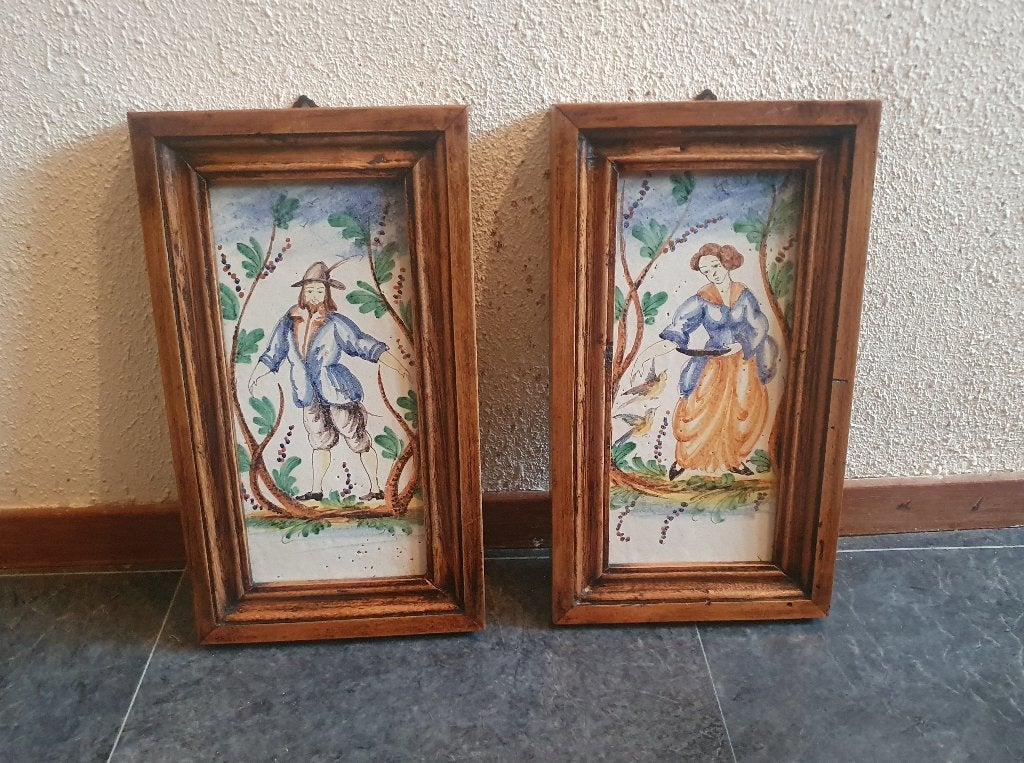 Set 19e-eeuwse Franse tegels - man en vrouw in klederdracht, Ophalen of Verzenden