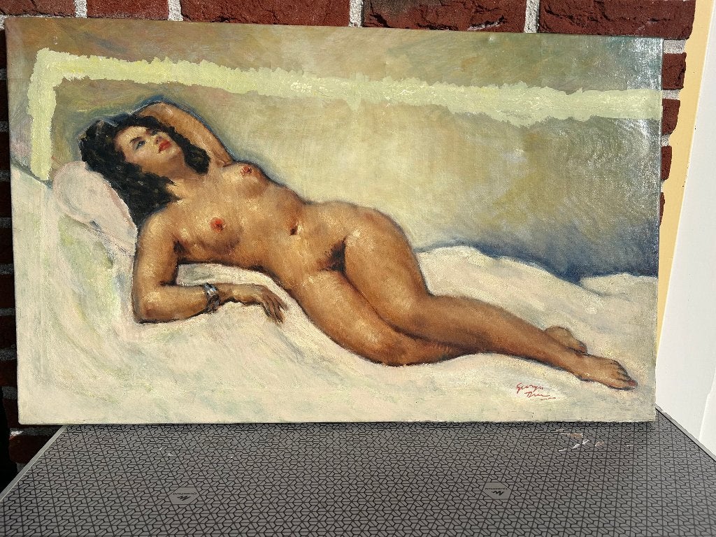 Olieverf op doek Liggend Naakt,51hx82b, onduidelijk signed, Ophalen of Verzenden