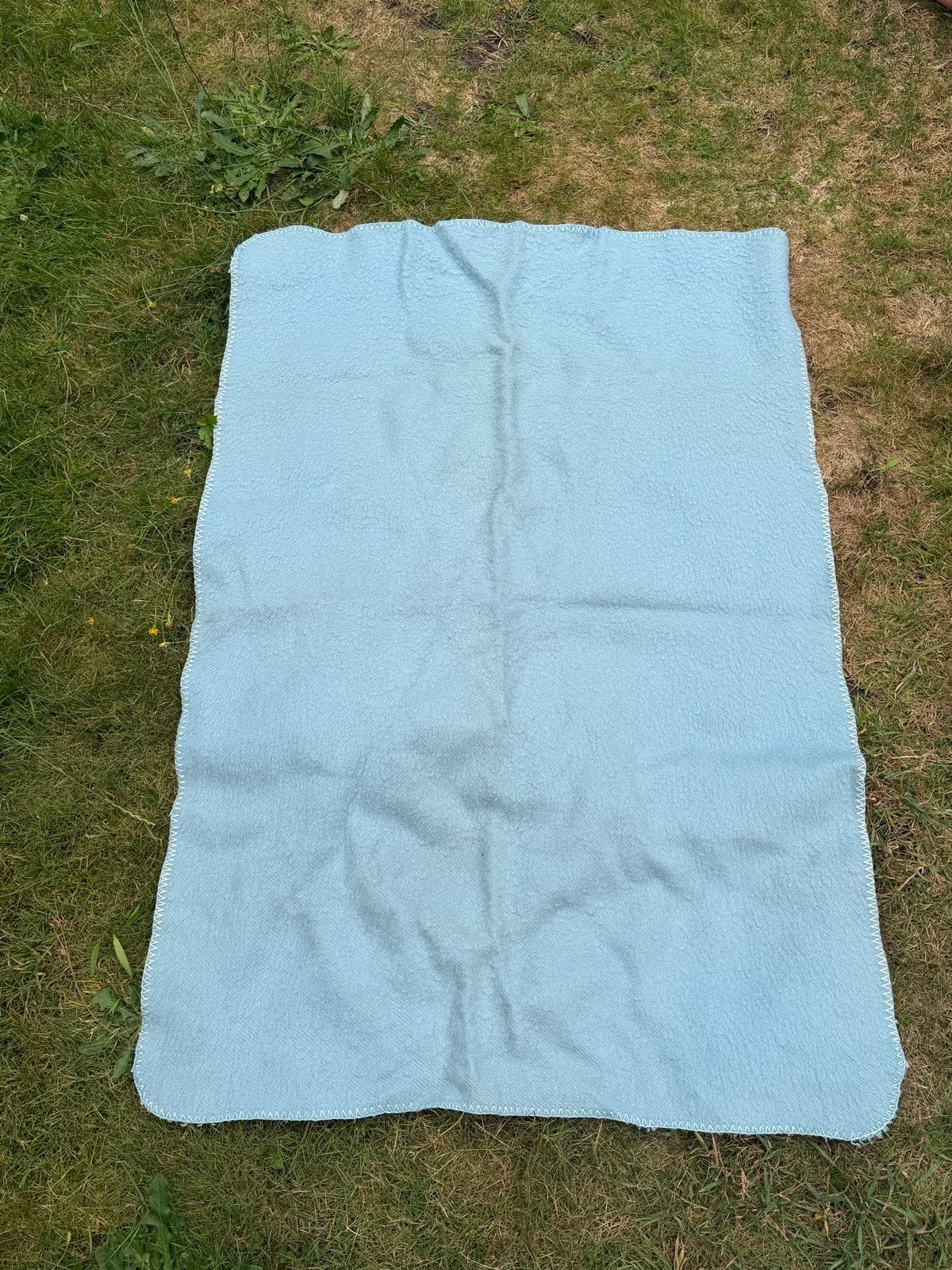 Vintage Wollen Deken - Lichtblauw - 100% Wol, Gebruikt, Eenpersoons, Blauw, Ophalen of Verzenden