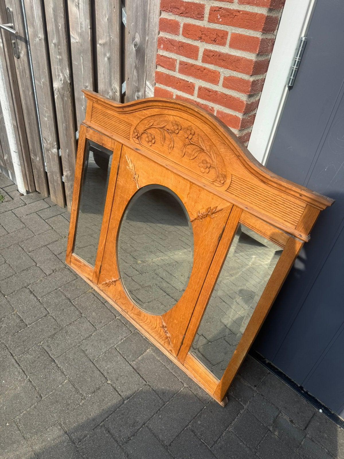 Antieke drieluikspiegel lijst eikenhout houtsnijwerk gratis, Antiek en Kunst, Ophalen, Rechthoekig