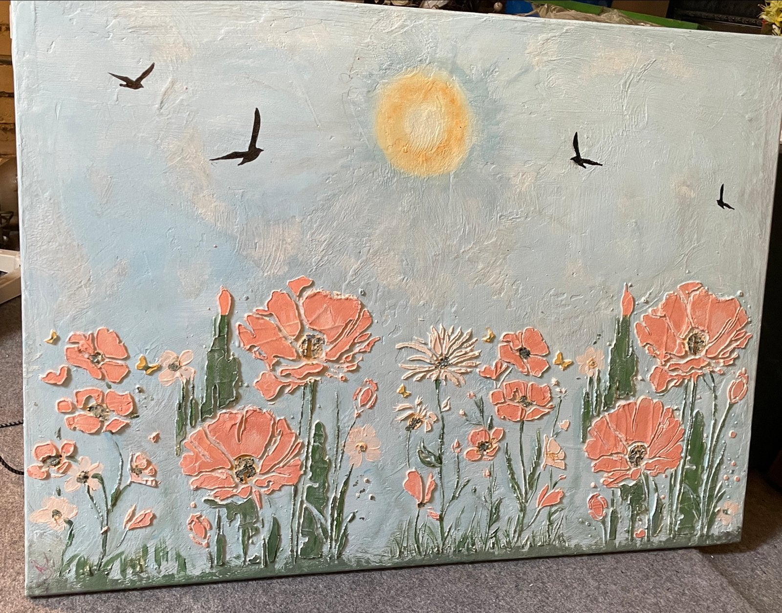 Schilderij met bloemen en vogels, 55x75cm, Acrylverf, Handgeschilderd, Ophalen of Verzenden, Bloemen