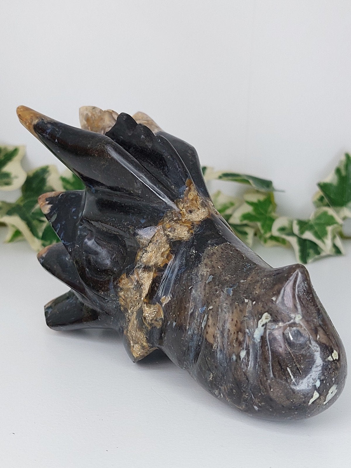 Versteend hout draak Indonesische carving met druzy, Ophalen of Verzenden, Mineraal