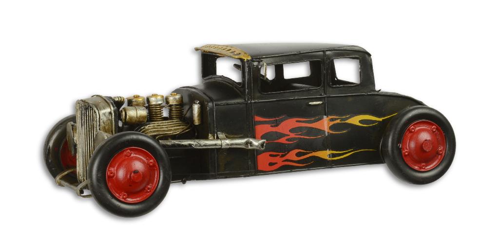 Hotrod auto zwart vlammen miniatuur auto blikken model deco