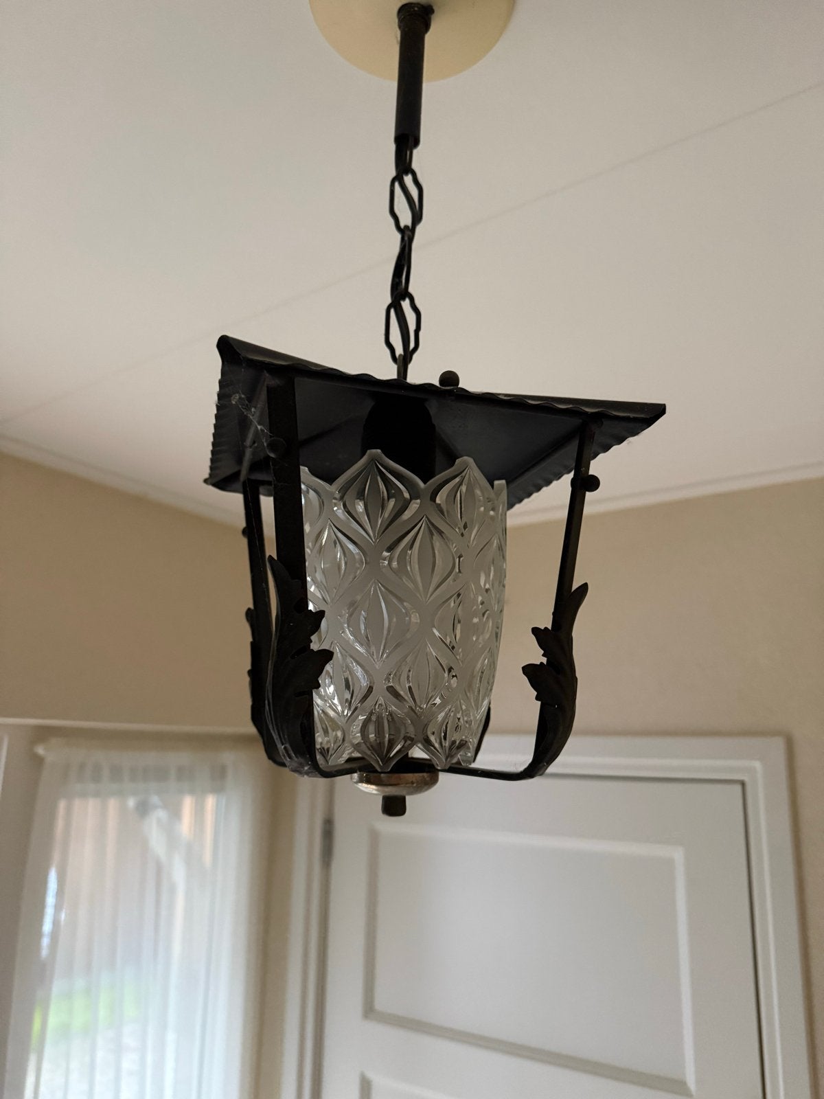Vintage hanglamp met glas en metaal, Huis en Inrichting, Ophalen, Gebruikt, Glas, E27 (groot)
