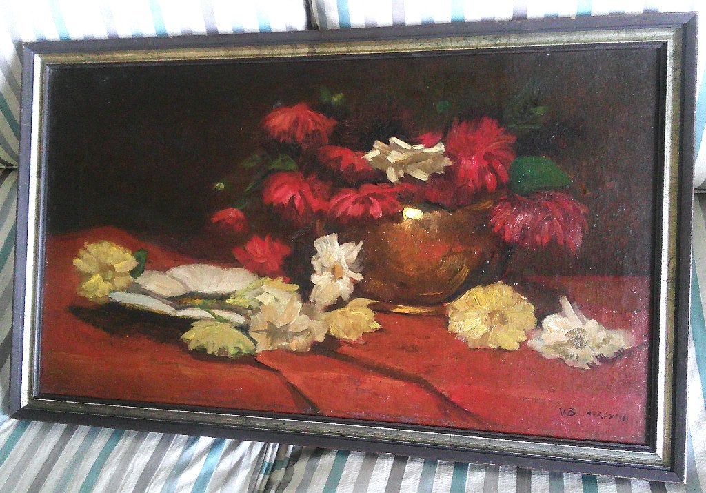 Bloemstilleven op tafel - W.B. Horssen (1863-1931 Rijswijk), Doek, Stilleven, Impressionistisch, Ophalen of Verzenden