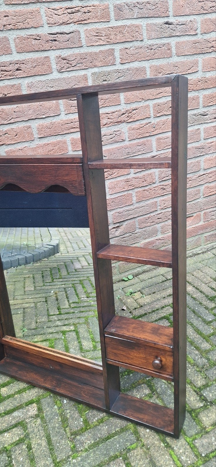 Vintage houten spiegel met planken en lade, Ophalen, Gebruikt, 100 tot 150 cm, 75 tot 100 cm