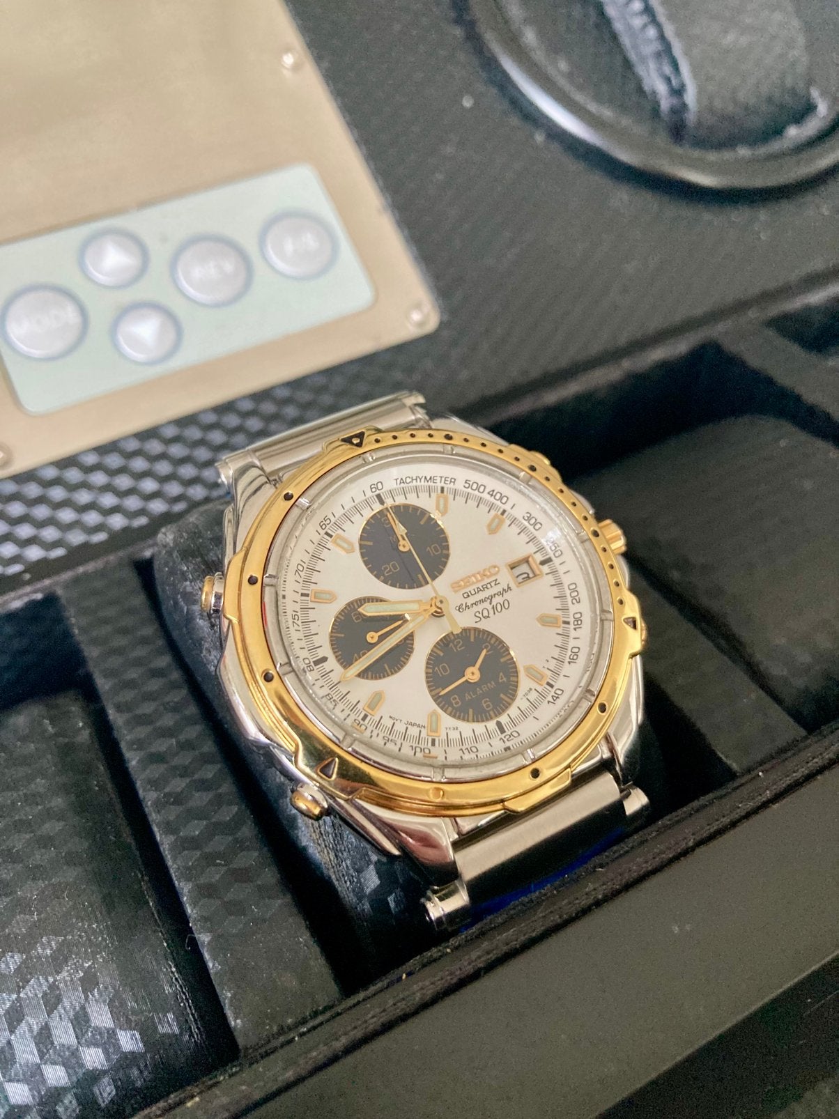 Seiko SQ 100 Chronographe Pols Horloge -  Nieuwstaat, Seiko, Leer, Staal, Polshorloge