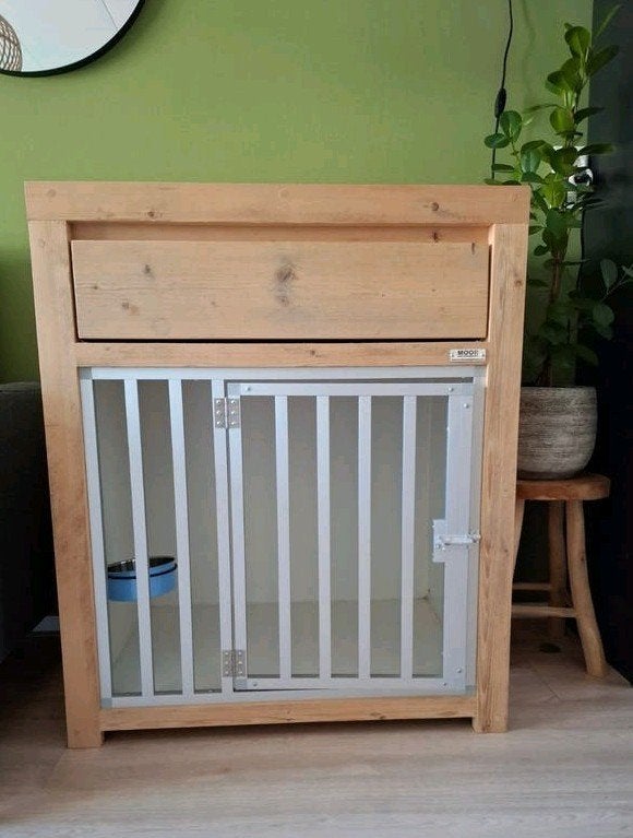 Prachtige steigerhouten honden bench meubel met lade, Ophalen, Zo goed als nieuw