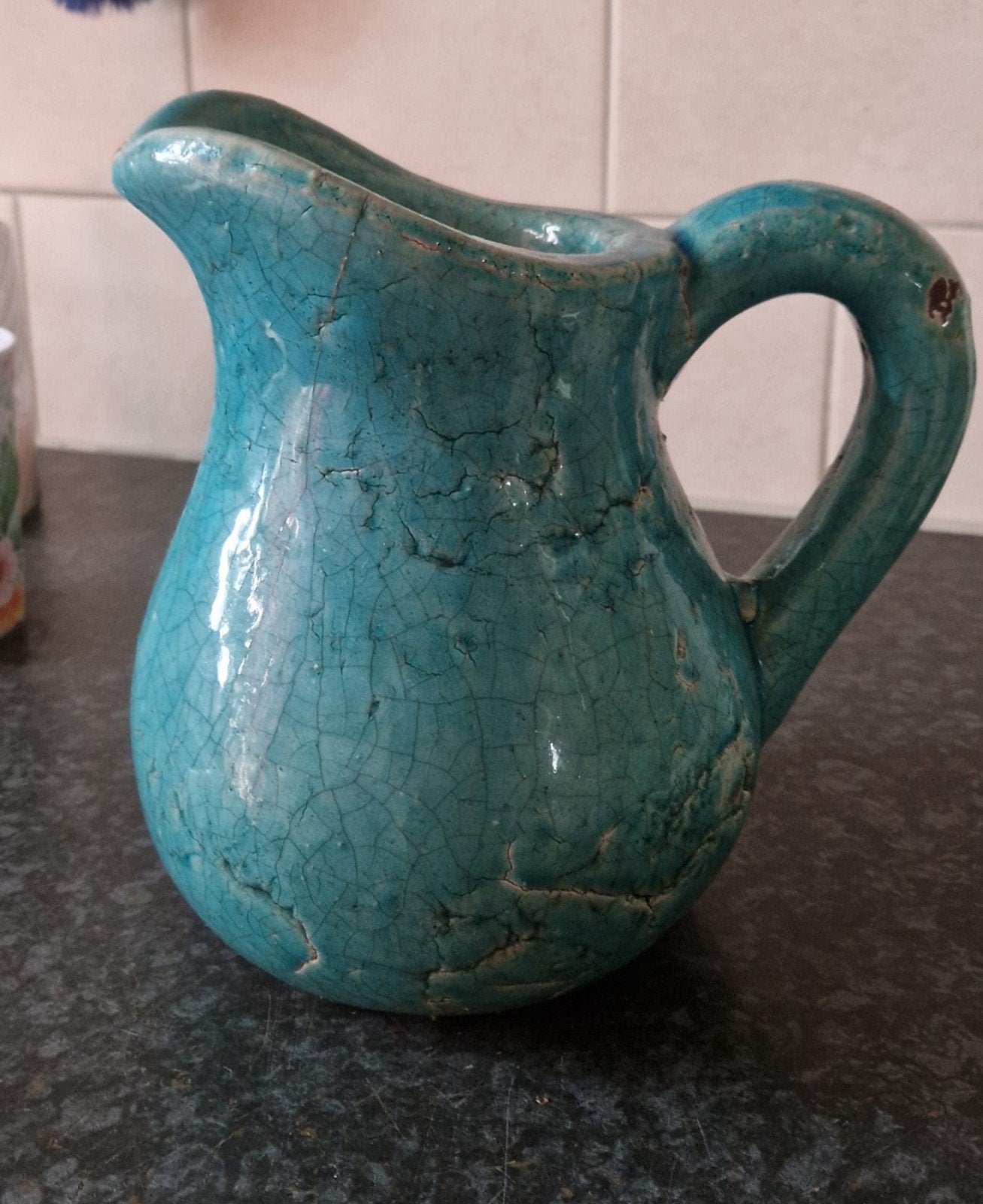 Vintage turquoise kan met craquelé glazuur, Ophalen of Verzenden