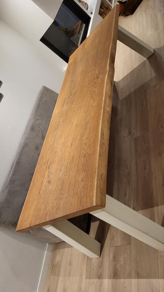 Eettafel boomstamblad 260x100 met witte metalen poten, Modern, Industrieel, Landelijk, Gebruikt, 100 tot 150 cm, 150 tot 200 cm