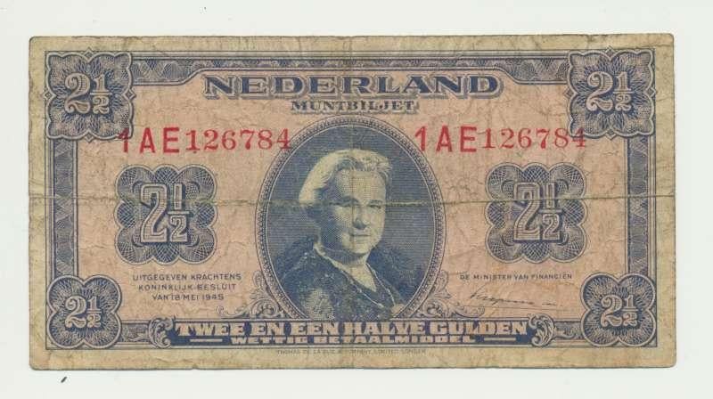 Nederland 2,5 Gulden 1945 Wilhelmina, Postzegels en Munten, Bankbiljetten | Nederland, Ophalen of Verzenden, 2½ gulden, Los biljet