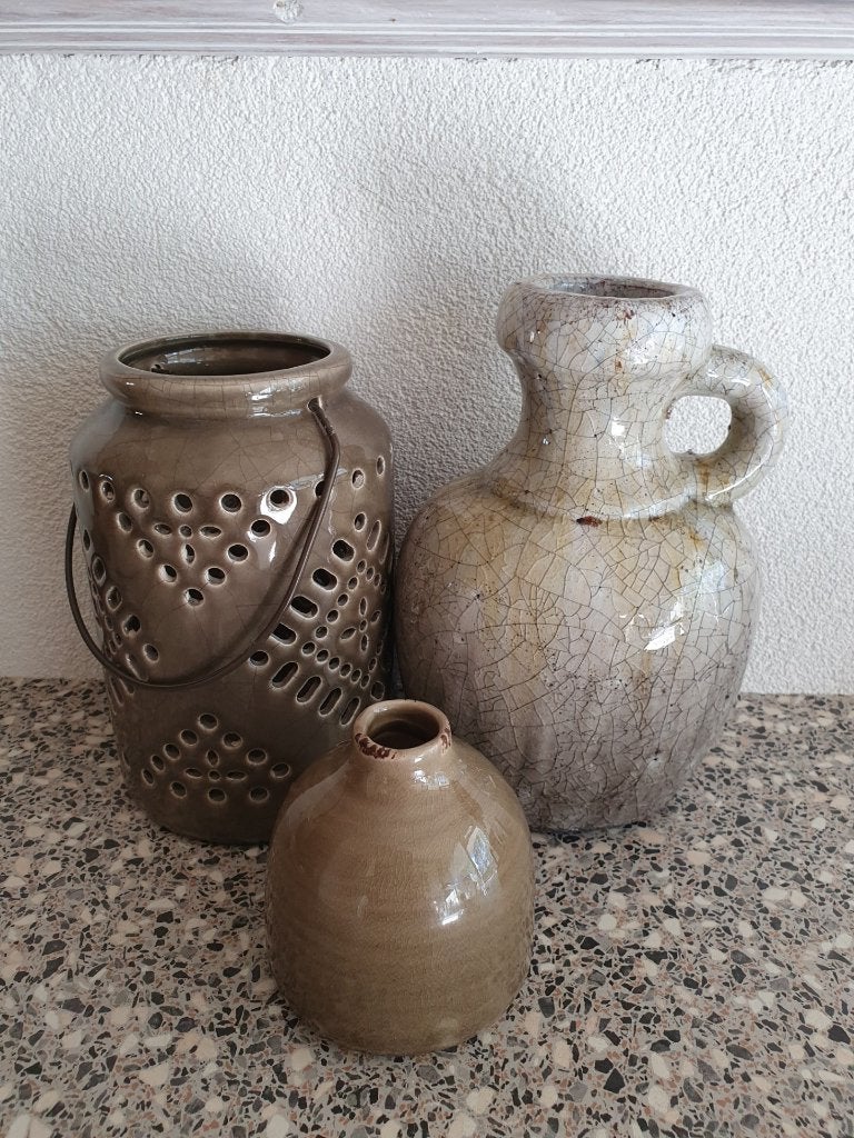 decoratie ... windlicht, kruik/vaas, vaasje, Ophalen of Verzenden, Zo goed als nieuw, Beige, Steen/keramiek