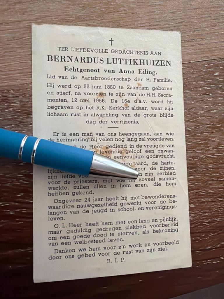 Luttikhuizen Bernardus 1890 Zaandam 1956 x Eiling - E01101, Ophalen of Verzenden, Bidprentje