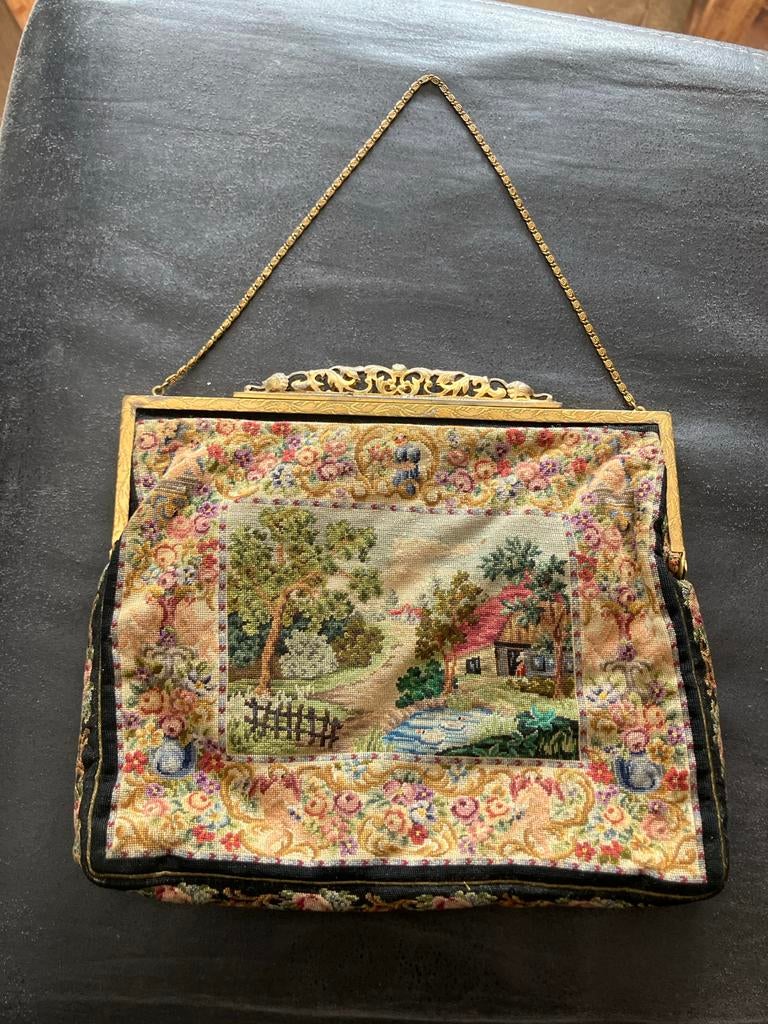 Vintage Gobelin Handtas Jaren '30-'50 met Landschap, Antiek en Kunst, Antiek | Kleding en Accessoires, Ophalen of Verzenden, Dames