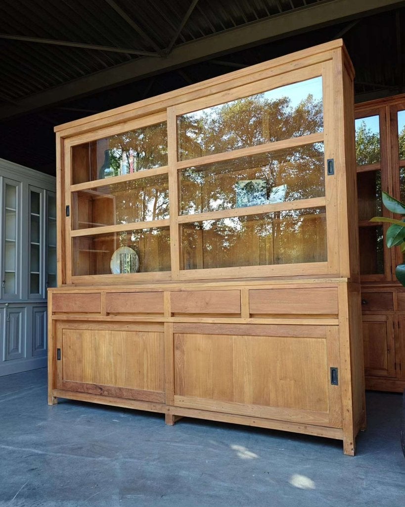 Teakhouten schoolkast | Strakke teak vitrinekast #7217, Huis en Inrichting, Gebruikt, -, 200 cm of meer, -