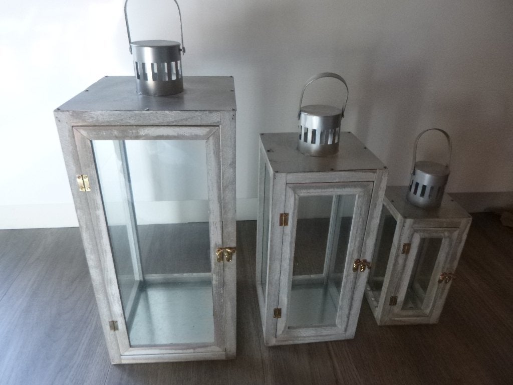 set 3x windlicht, hout/glas/metaal   nieuw, Huis en Inrichting, Woonaccessoires | Kandelaars en Kaarsen, Ophalen, Nieuw, Glas