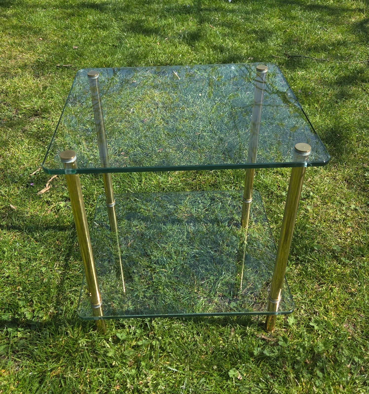 Vintage Hollywood Regency Bijzettafel – Messing & Glas, Ophalen, Vierkant, Glas, MCM