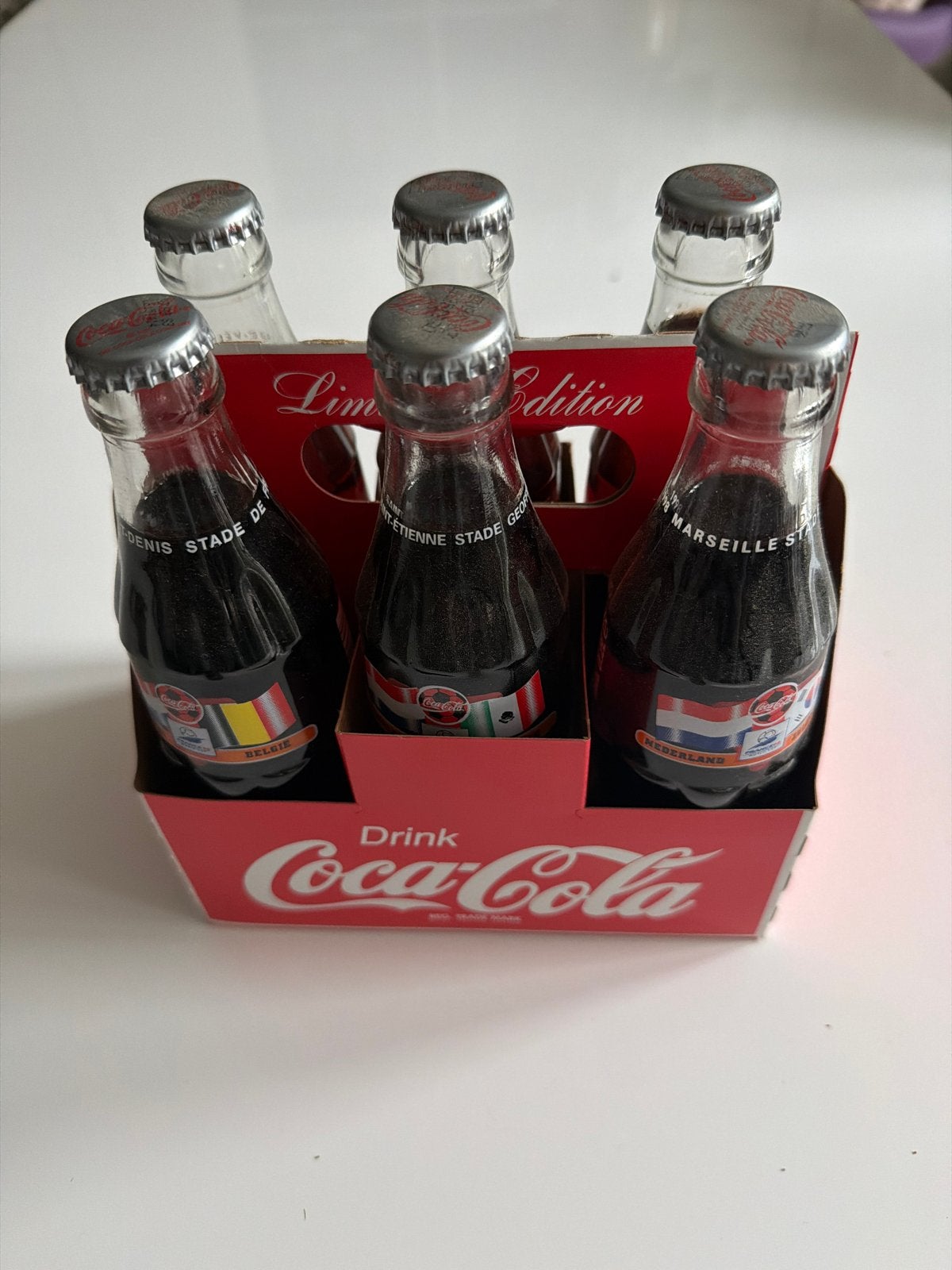Coca-Cola Limited Edition Frankrijk '98 Flessen (6 stuks), Ophalen of Verzenden, Zo goed als nieuw, Verpakking