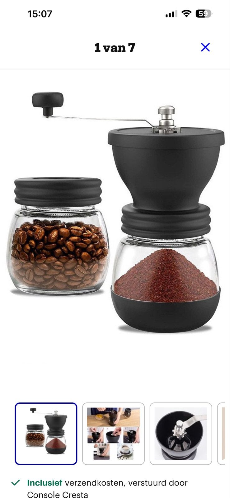 Koffiemolen met glazen opvangbak, Witgoed en Apparatuur, Overige modellen, Gemalen koffie, Ophalen of Verzenden, Zo goed als nieuw