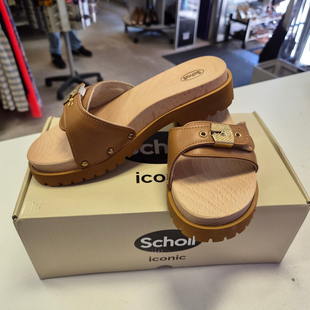 Scholl Iconic Pescura Sarah slippers cognac/camel 37 51957, Info@scholl.com, Scholl, Bruin, Nieuw