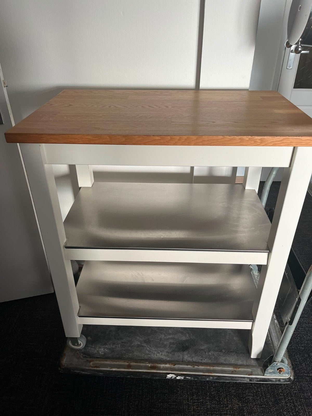 Keukentrolley met houten blad en metalen planken, Ophalen, Gebruikt, Hout, Keukentrolley