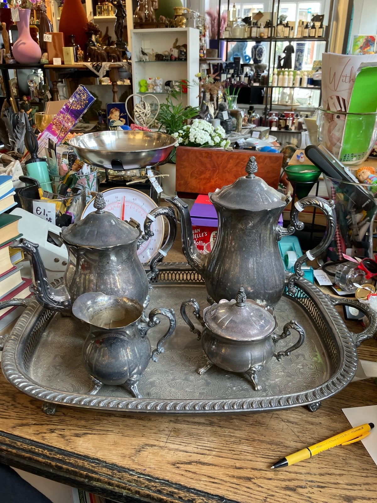Antiek Verzilverd Theeservies met Dienblad, Ophalen of Verzenden, Zilver