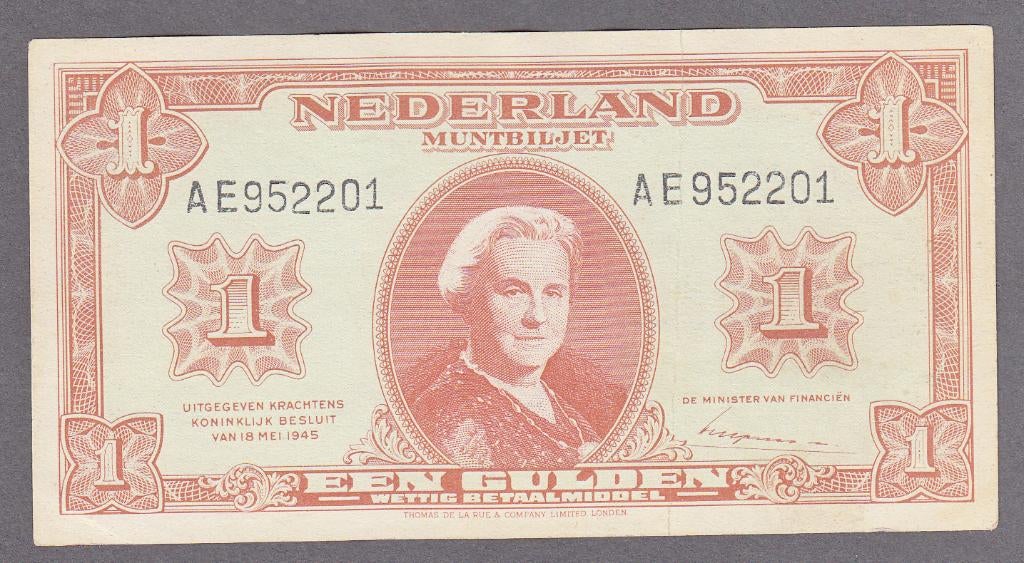 Wilhelmina -1 gulden 1945 Pr - serie AE952201 - P70,AV6.1b, Verzenden, 1 gulden