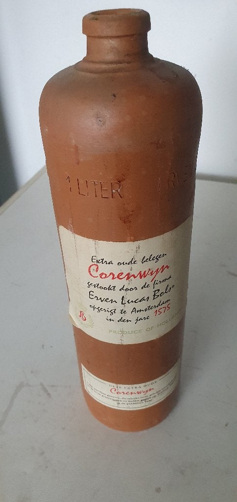 Lege Aardewerk 1liter fles /kruik Bols Corenwijn 1960 plm, Ophalen of Verzenden