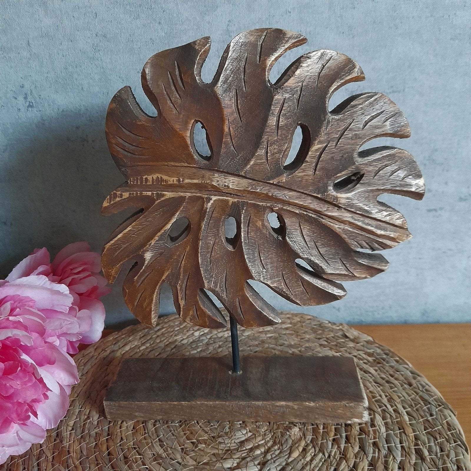 Houten decoratie ornament blad op voet, Ophalen of Verzenden