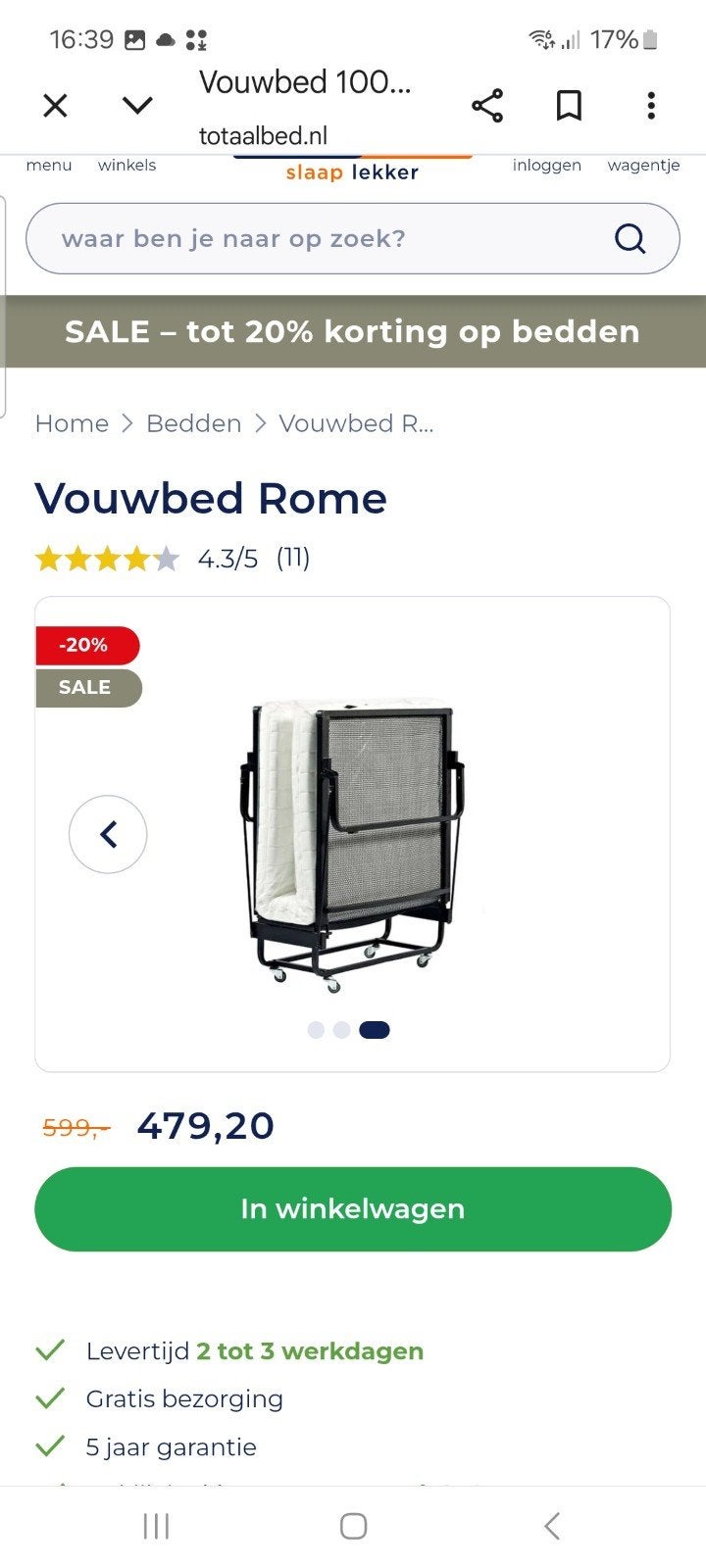 vouwbed, Ophalen, Zo goed als nieuw, Eenpersoons, 90 cm