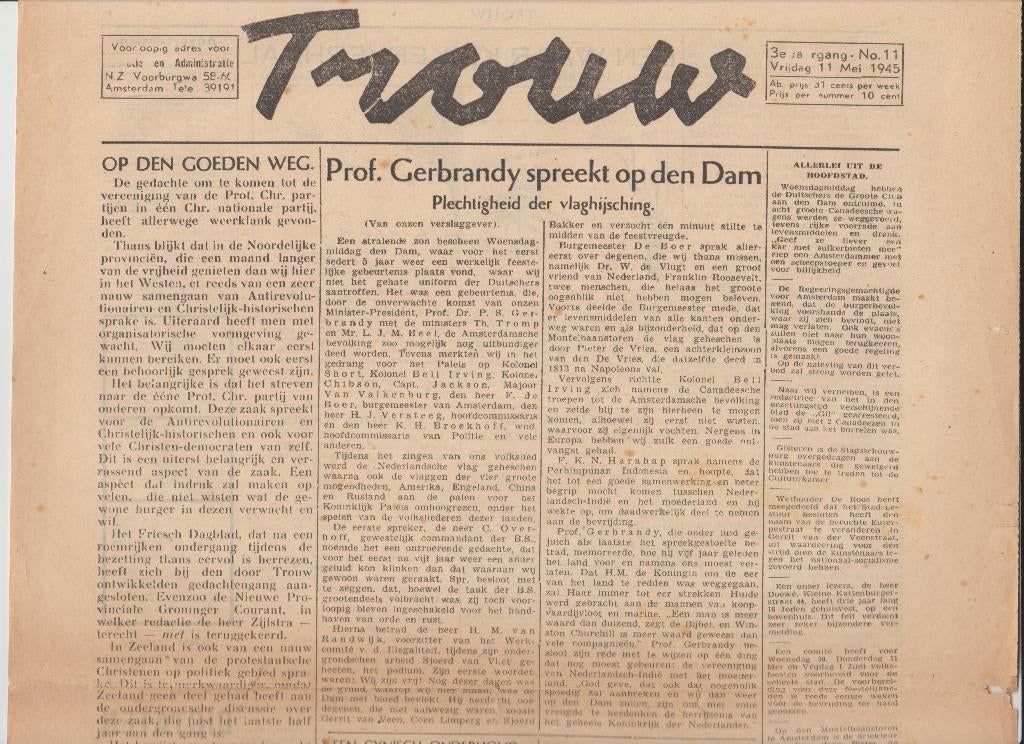 VRIJ  vrijdag 11 mei oorlog trouw vrijheid na verzet krant, Verzamelen, Ophalen of Verzenden, 1940 tot 1960, Nederland, Krant