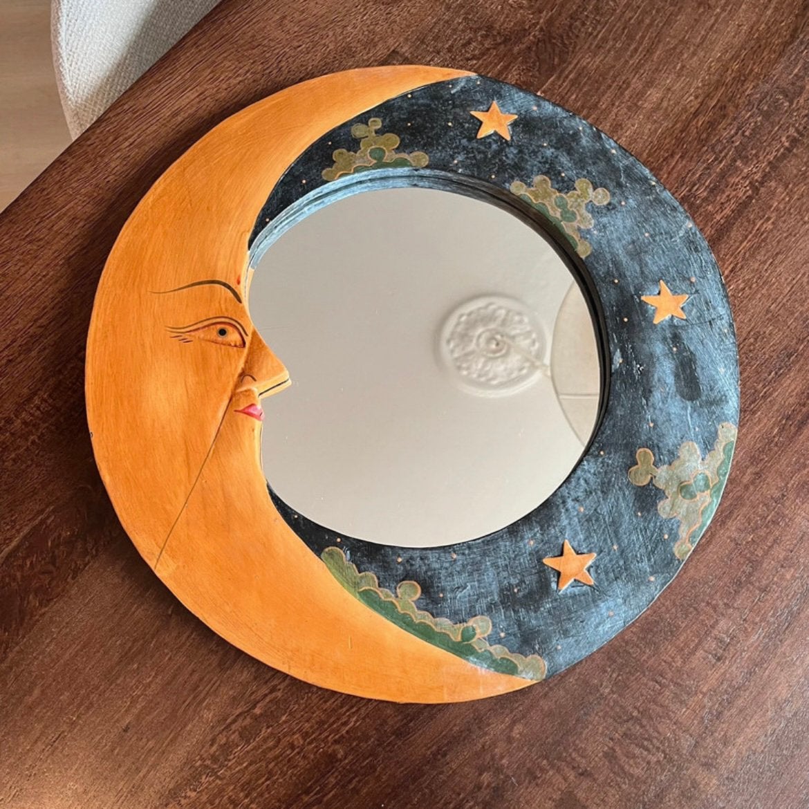 Vintage handgemaakte houten Celestial zon- en maan spiegel, Ophalen of Verzenden, Rechthoekig, Minder dan 50 cm