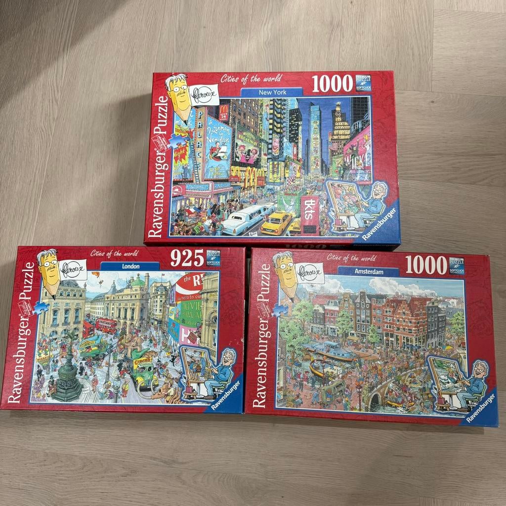3x Ravensburger puzzel Fleroux New York Londen Amsterdam, Ophalen of Verzenden, 500 t/m 1500 stukjes, Zo goed als nieuw, Legpuzzel