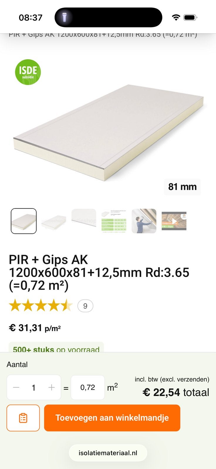 5 PIR + gipsplaten afgeschuinde kant 81mm + 12.5mm, Doe-het-zelf en Verbouw, Ophalen, Nieuw, Overige materialen, 100 mm of meer