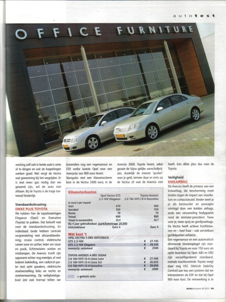 Autokampioen dubbeltest Opel Vectra , Toyota Avensis 2003, Ophalen of Verzenden, Gelezen, Opel