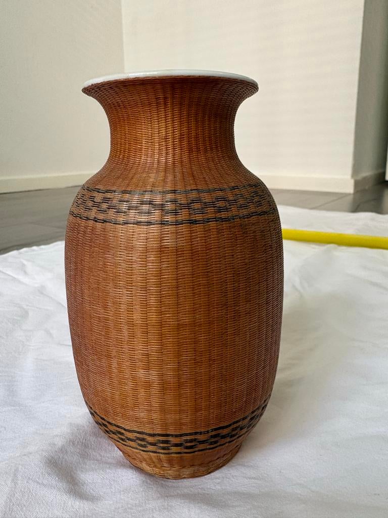 Vintage Chinese handgeweven bamboe/rotan vaas - 17cm, Ophalen