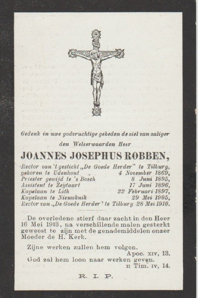 Robben Joannes 1869 Udenhout 1913 Tilburg  priester, Verzamelen, Bidprentjes en Rouwkaarten, Ophalen of Verzenden, Bidprentje
