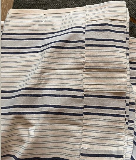 Blauw/wit/grijs gestreepte gordijnen, Huis en Inrichting, 300 cm, Blauw, Ophalen of Verzenden, Zo goed als nieuw