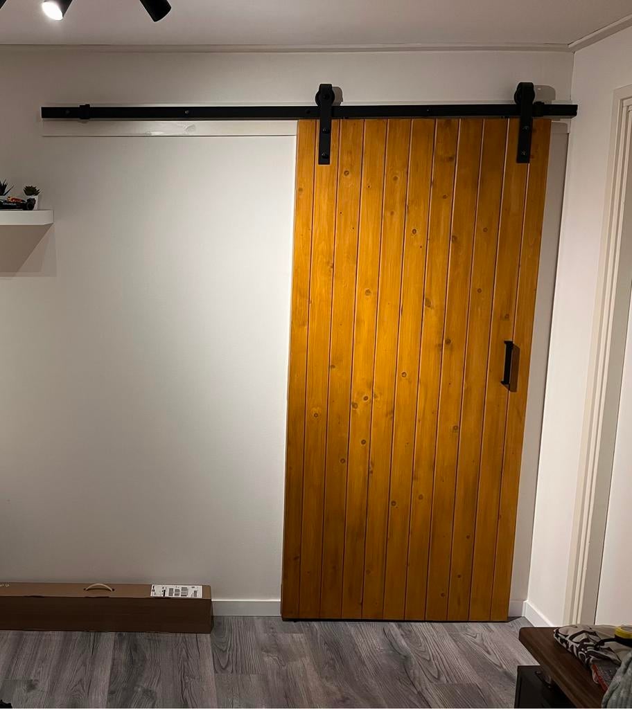 Schuifdeur hout met rails systeem barndoor barn door, Ophalen, 80 tot 100 cm, Binnendeur, Zo goed als nieuw