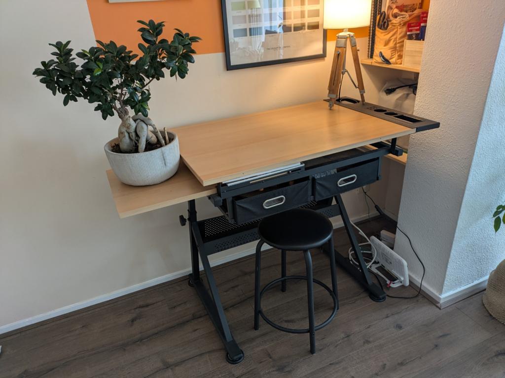 Tekentafel / Bureau met opbergruimte en kruk, Ophalen, Overige typen, Hout, Bruin