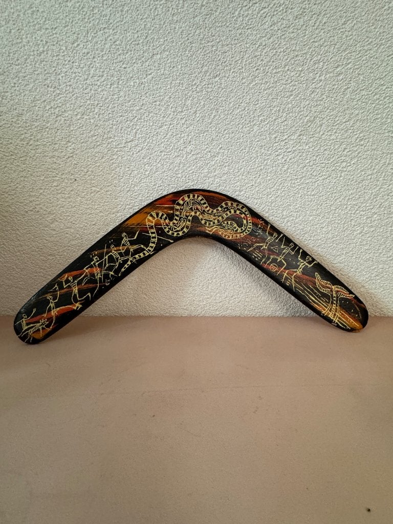 Houten boemerang handgeschilderde kunst in Aboriginalstijl, Hout, Bruin, Ophalen of Verzenden, Overige herkomsten