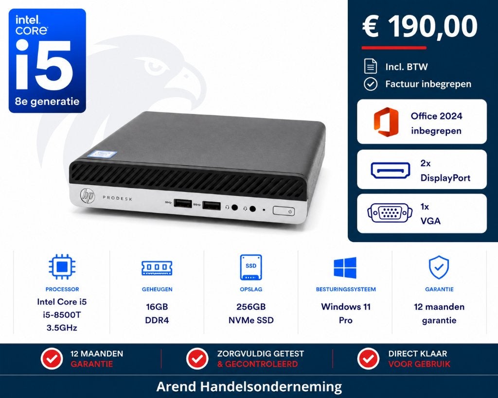 HP Prodesk 400 G4 i5-8500T 3.5Ghz 16Gb 256GB NVMe Office 24, Computers en Software, Desktop Pc's, Gebruikt, 3 tot 4 Ghz, SSD, 16 GB