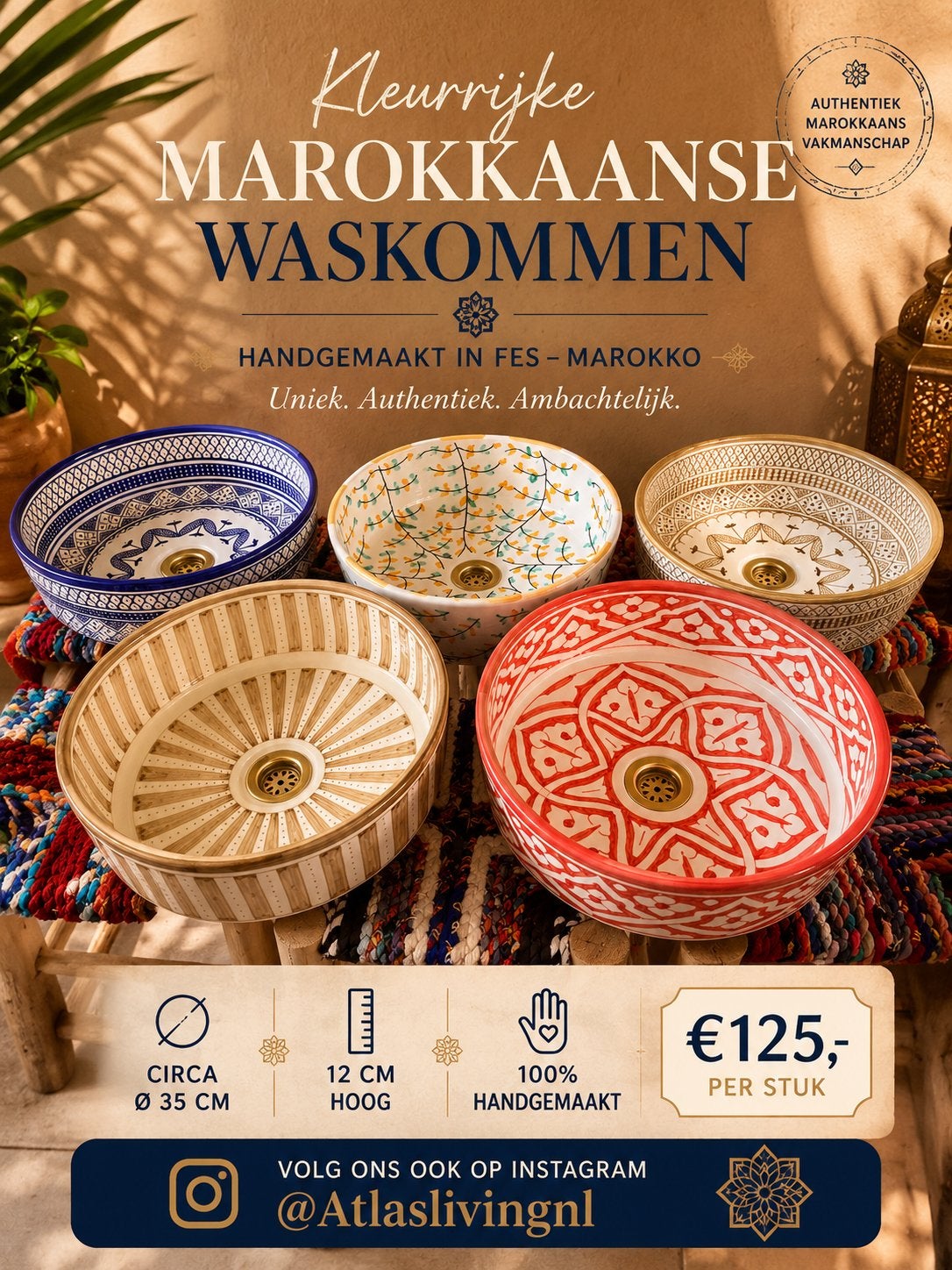 Kleurrijke Marokkaanse waskommen - NIEUW, Minder dan 50 cm, Nieuw, Ophalen of Verzenden, Minder dan 25 cm