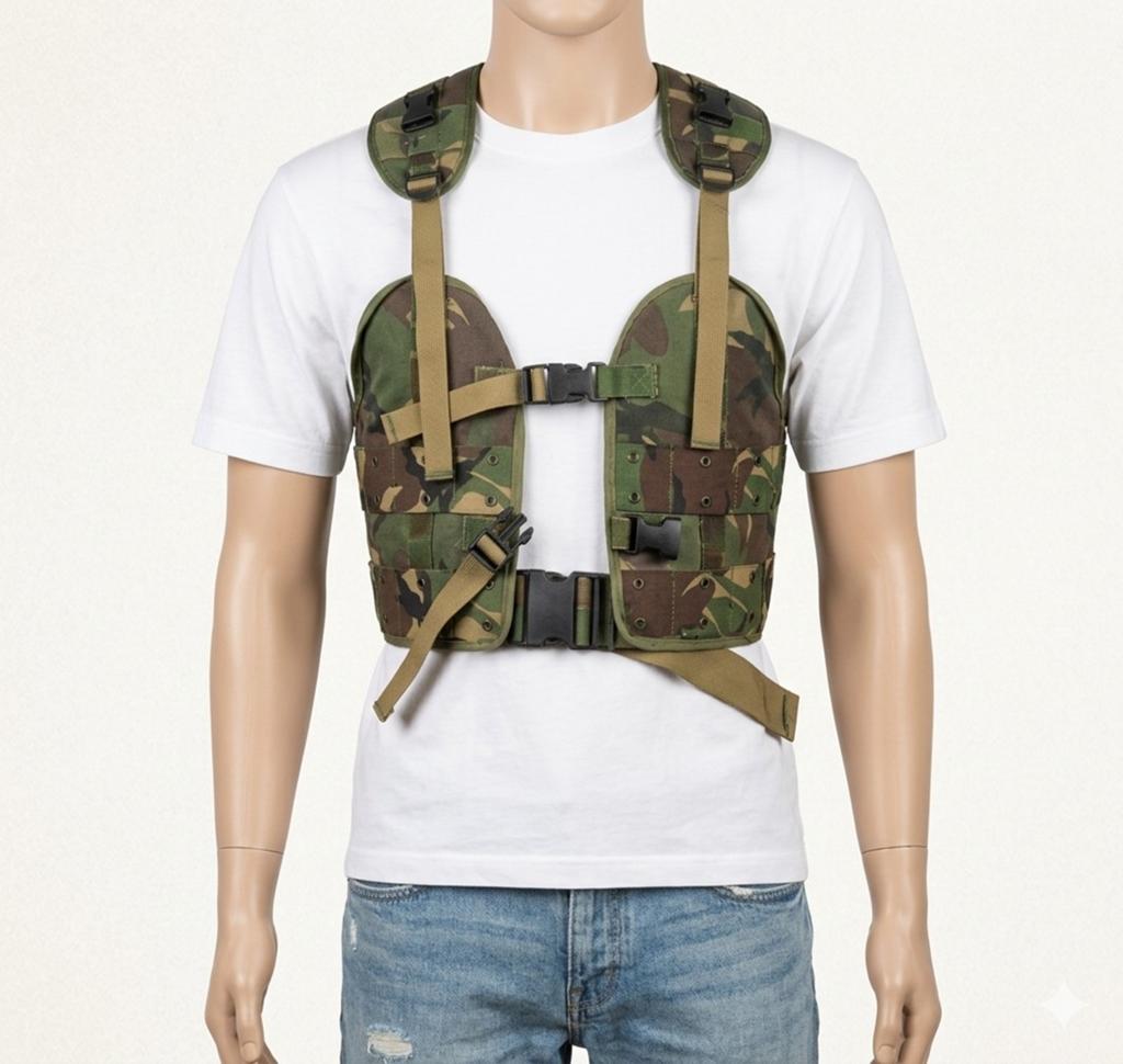 Vintage militair tactical vest / chest rig woodland camo., Ophalen, Landmacht, Nederland, Kleding of Schoenen
