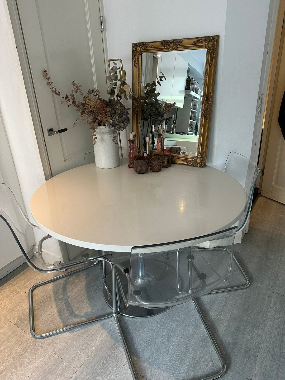 Ronde witte eettafel, Huis en Inrichting, Tafels | Eettafels, Ophalen, Gebruikt, Rond, 100 tot 150 cm