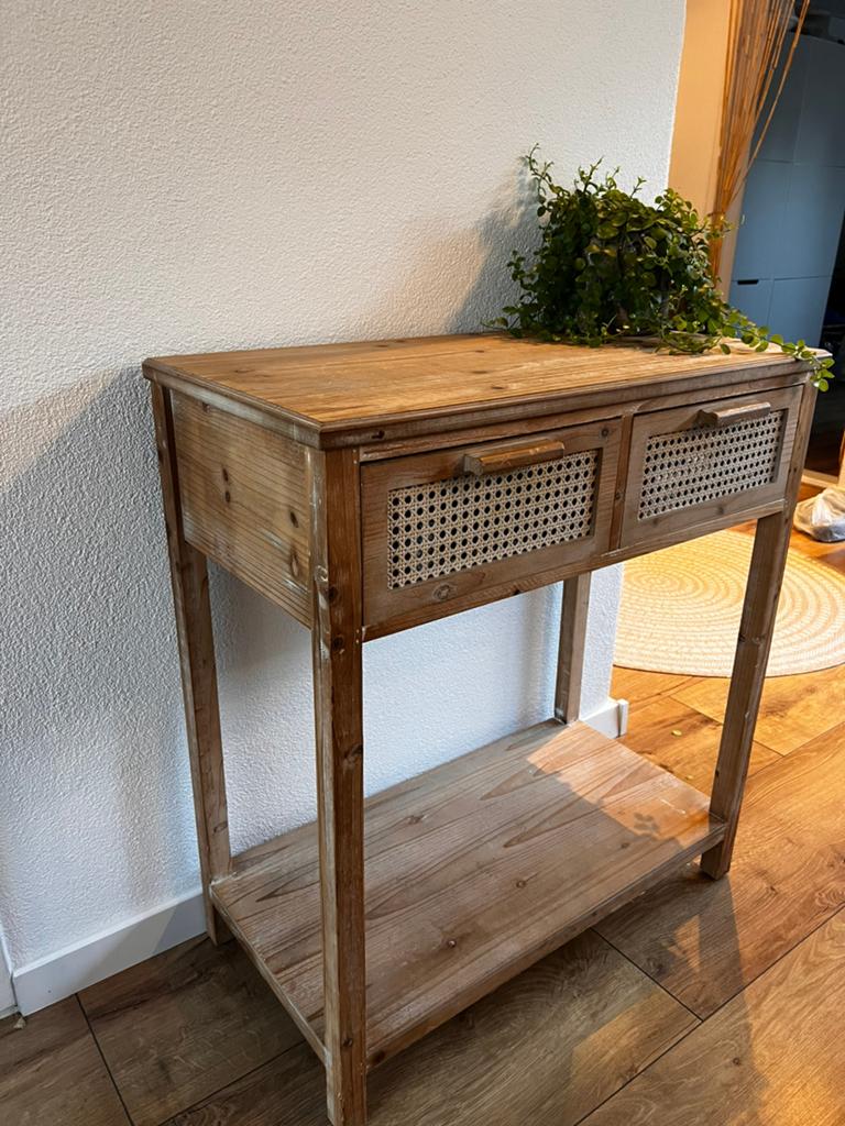 Stijlvolle Wandtafel met Rotan Webbing Lades van Xenos, Huis en Inrichting, Tafels | Bijzettafels, Ophalen, Rechthoekig, Minder dan 55 cm