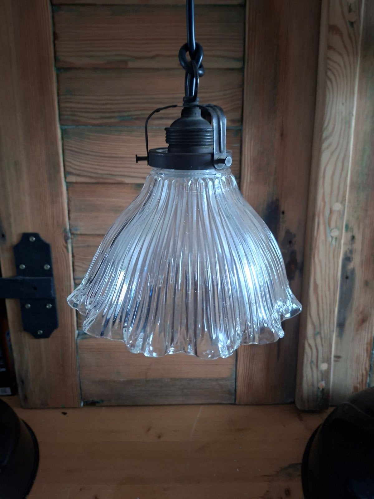 Holophane glazen hanglamp , vintage glas lamp, Ophalen of Verzenden